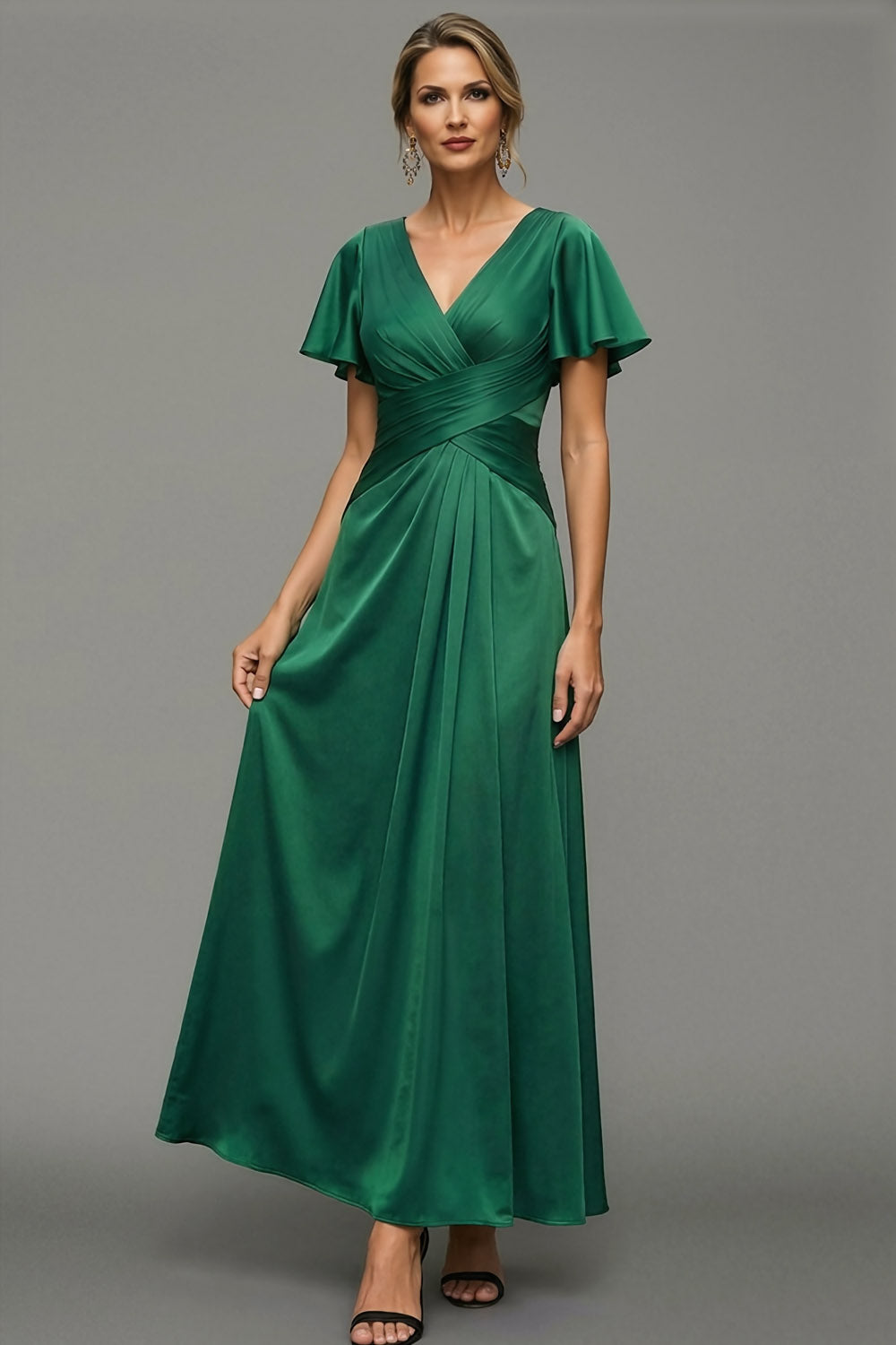 Emerald Green A Line V Neck Long Formal Dress