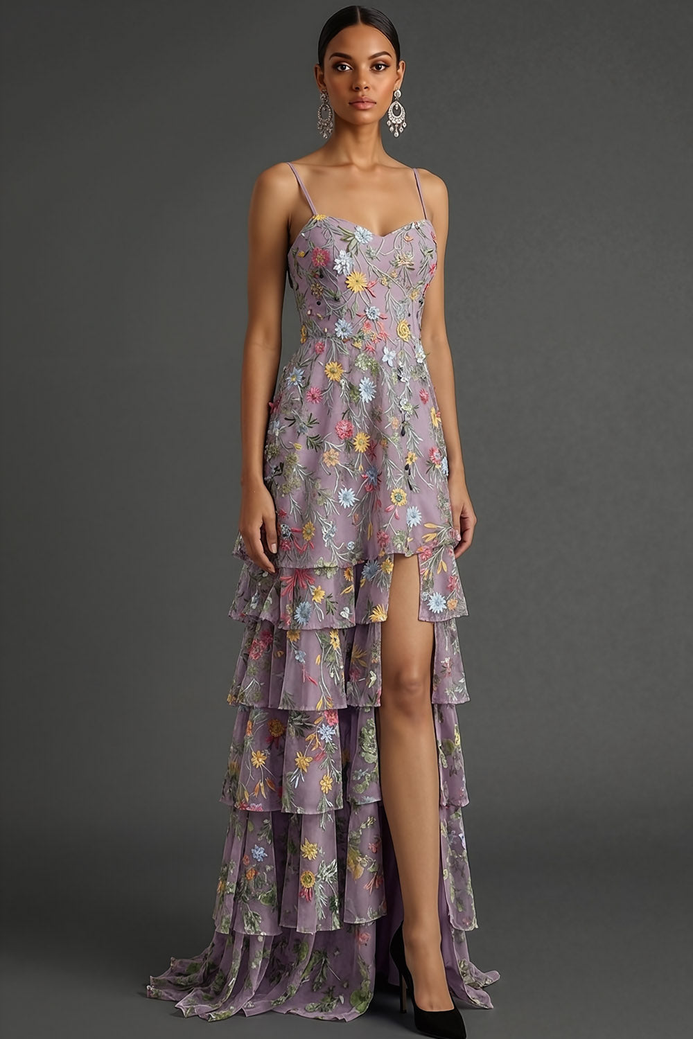Mauve A Line Floral Spaghetti Straps Long Wedding Guest Dress with Slit