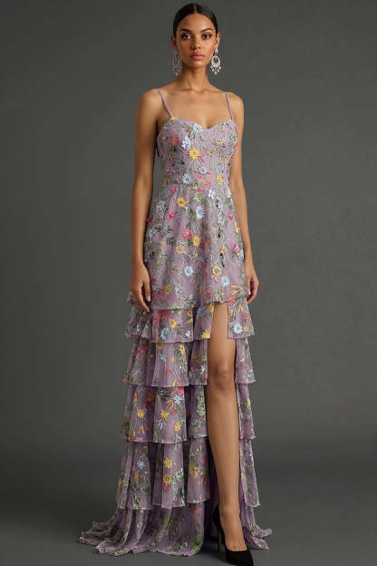 Leely Women Mauve A Line Floral Long Wedding Guest Dress with Slit Spaghetti Straps Embroidered Ruffled Evening Dress