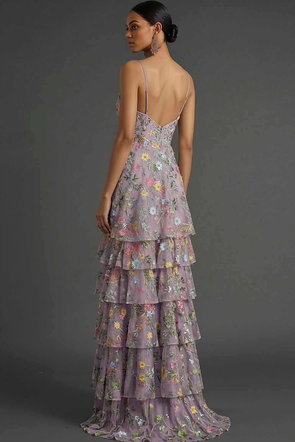 Mauve A Line Floral Spaghetti Straps Long Wedding Guest Dress with Slit