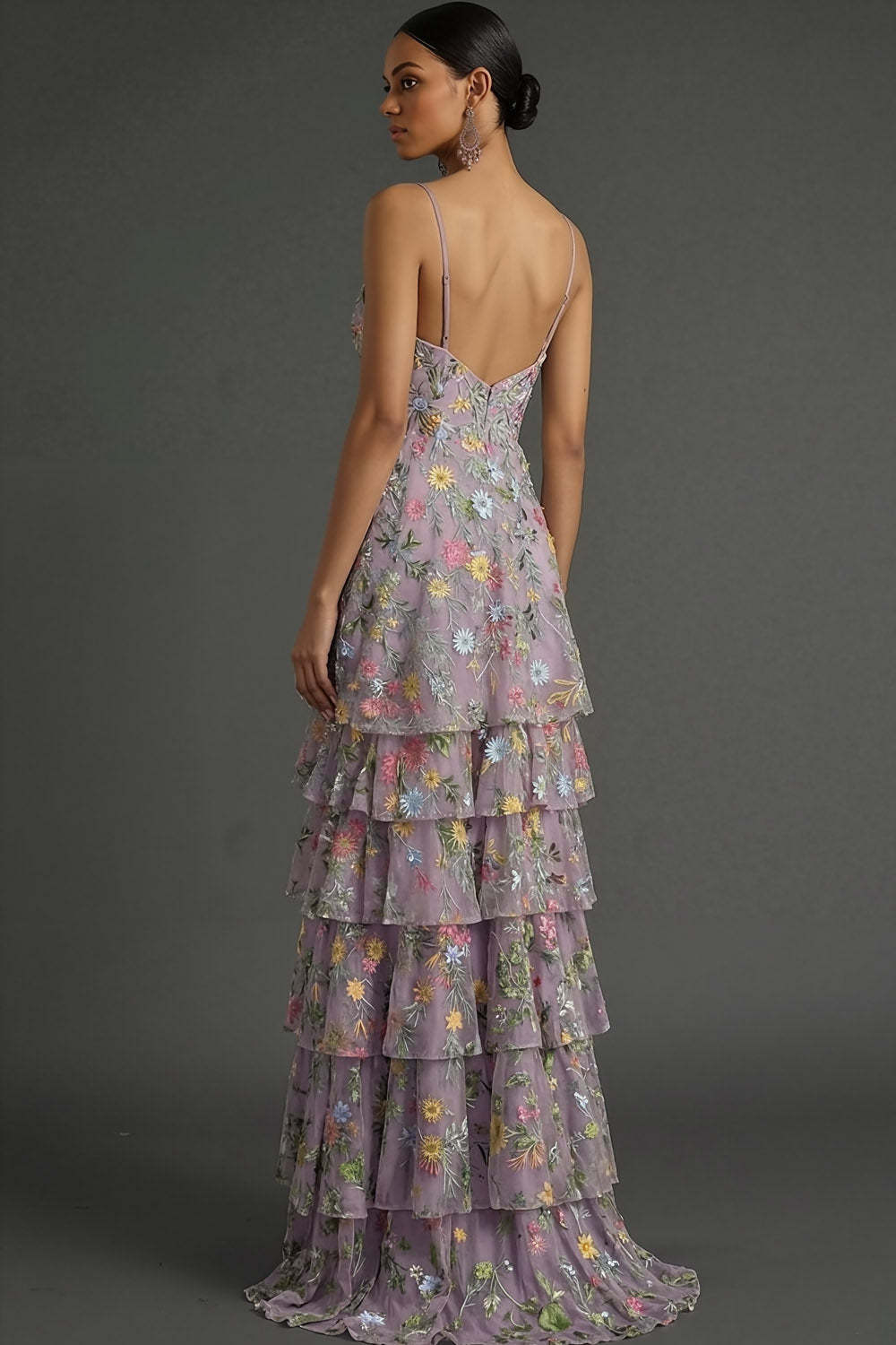 Mauve A Line Floral Spaghetti Straps Long Wedding Guest Dress with Slit