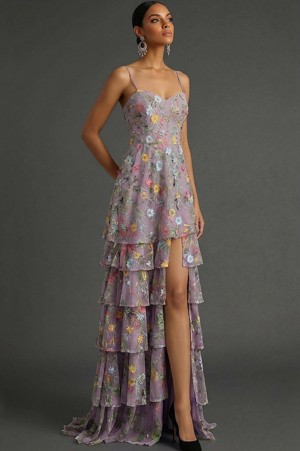 Mauve A Line Floral Spaghetti Straps Long Wedding Guest Dress with Slit