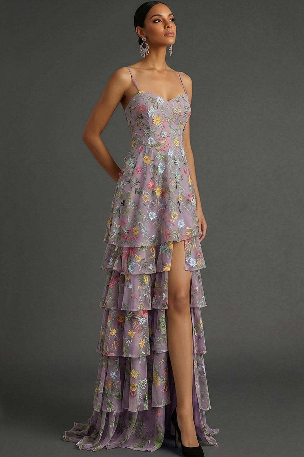 Mauve A Line Floral Spaghetti Straps Long Wedding Guest Dress with Slit