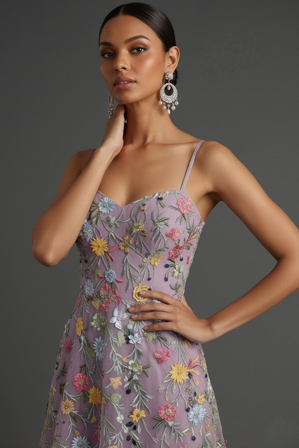 Mauve A Line Floral Spaghetti Straps Long Wedding Guest Dress with Slit