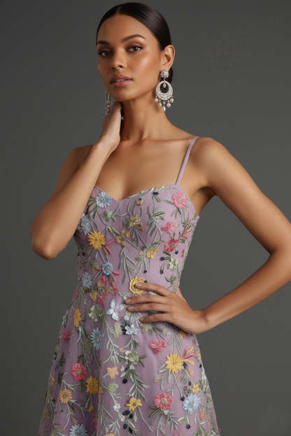 Mauve A Line Floral Spaghetti Straps Long Wedding Guest Dress with Slit