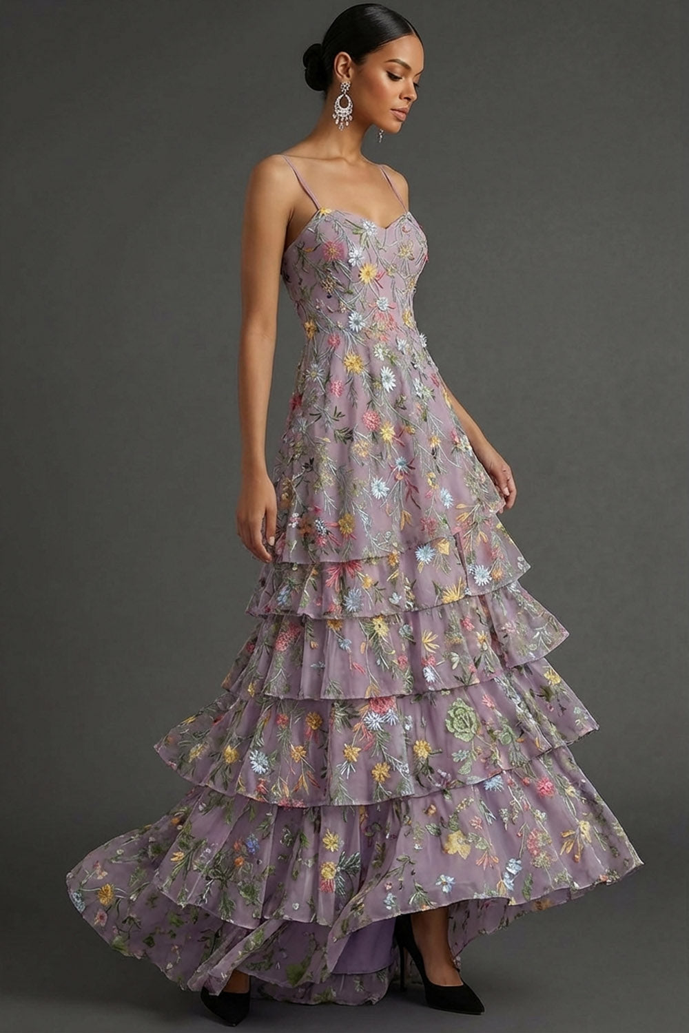 Mauve A Line Floral Spaghetti Straps Long Wedding Guest Dress with Slit