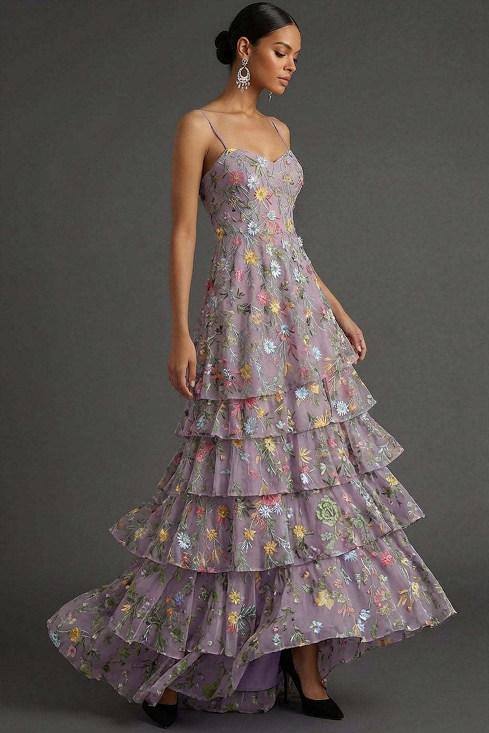 Mauve A Line Floral Spaghetti Straps Long Wedding Guest Dress with Slit