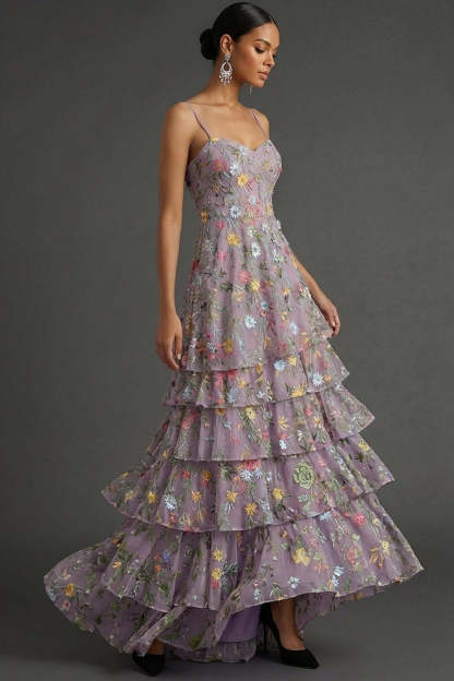 Mauve A Line Floral Spaghetti Straps Long Wedding Guest Dress with Slit