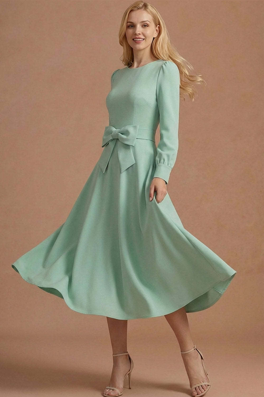 Dusty Sage A Line Round Neck Long Sleeves Long Formal Dress with Bow