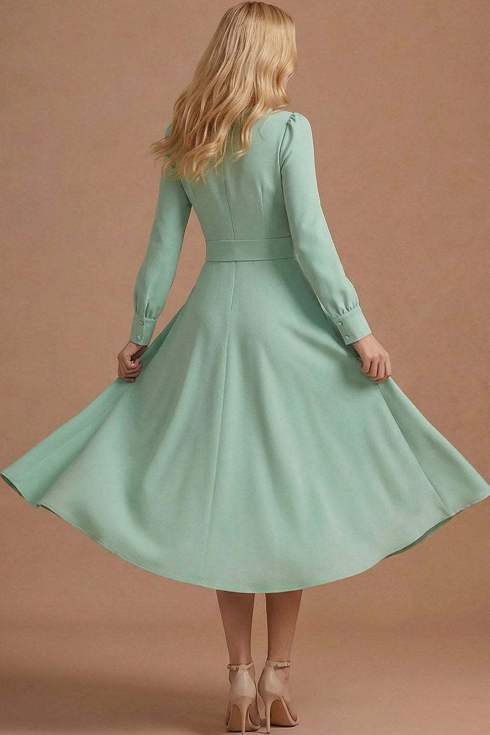 Dusty Sage A Line Round Neck Long Sleeves Long Formal Dress with Bow