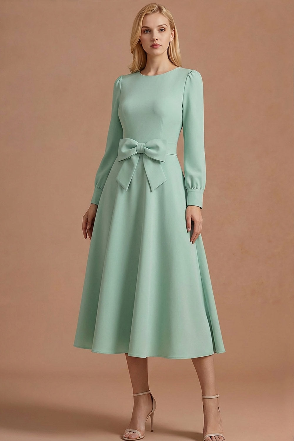 Leely Women Dusty Sage A Line Long Formal Dress with Bow Round Neck Long Sleeves Autumn Wedding Guest Dress