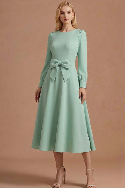 Leely Women Dusty Sage A Line Long Formal Dress with Bow Round Neck Long Sleeves Autumn Wedding Guest Dress