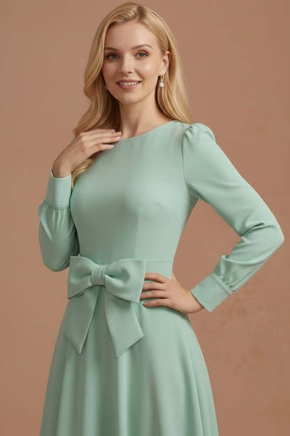 Dusty Sage A Line Round Neck Long Sleeves Long Formal Dress with Bow