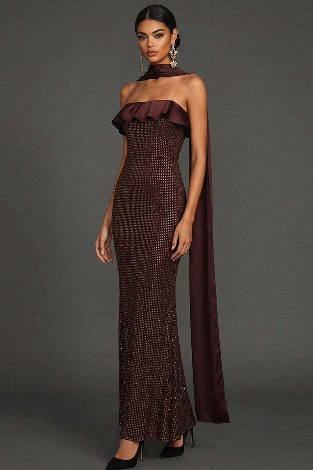 Leely Women Chocolates Mermaid Sparkly Beaded Maxi Formal Dress Neck Scarf Backless Evening Dress