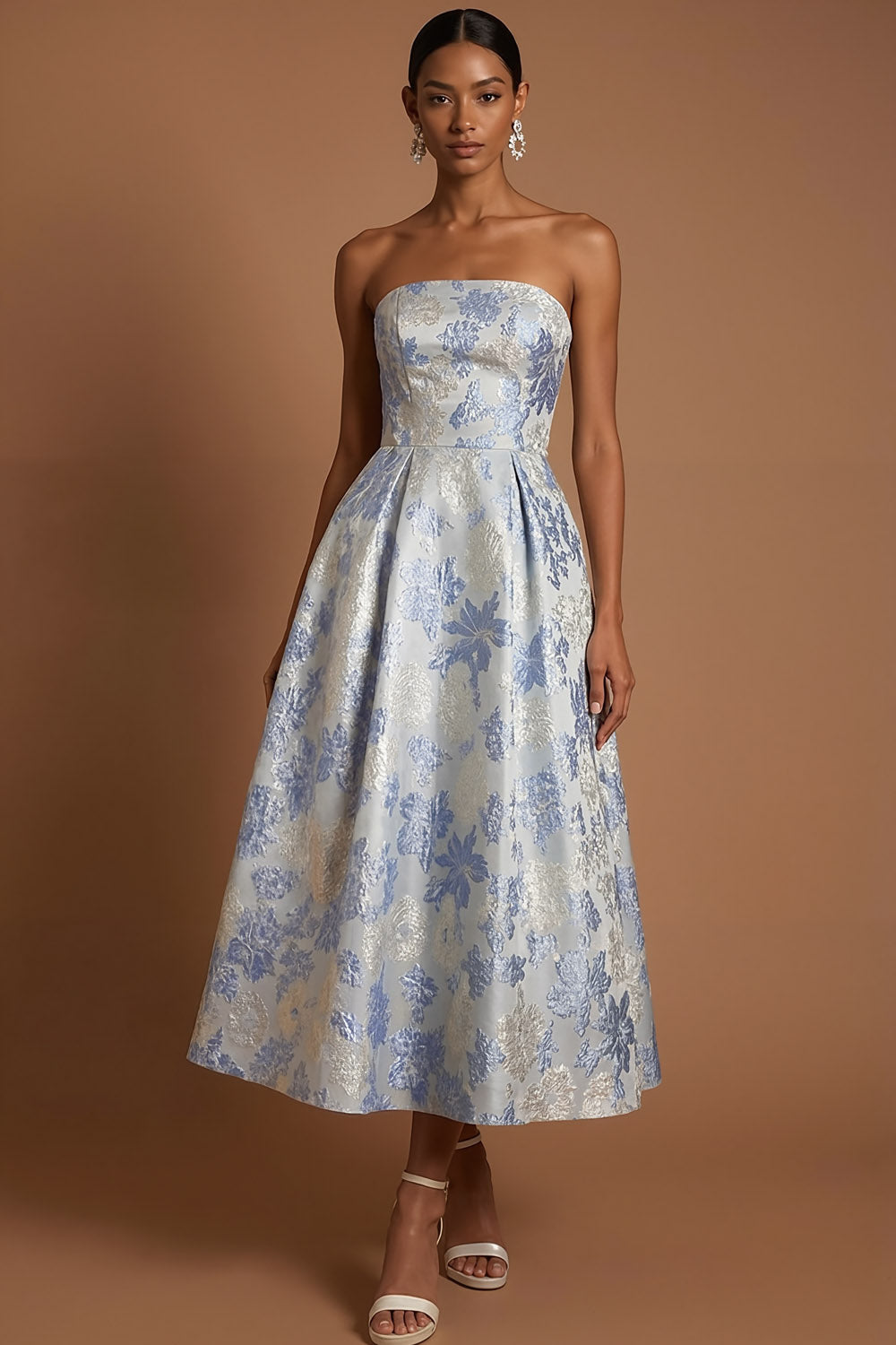 Dusty Blue Jacquard Floral A Line Wedding Guest Dress
