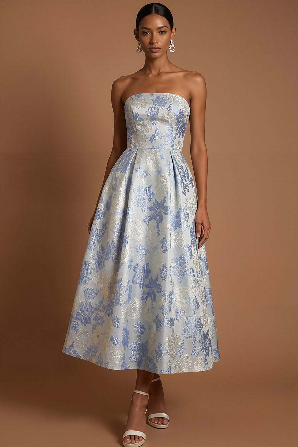 Leely Women Dusty Blue Floral A Line Wedding Guest Dress Strapless Jacquard Evening Dress