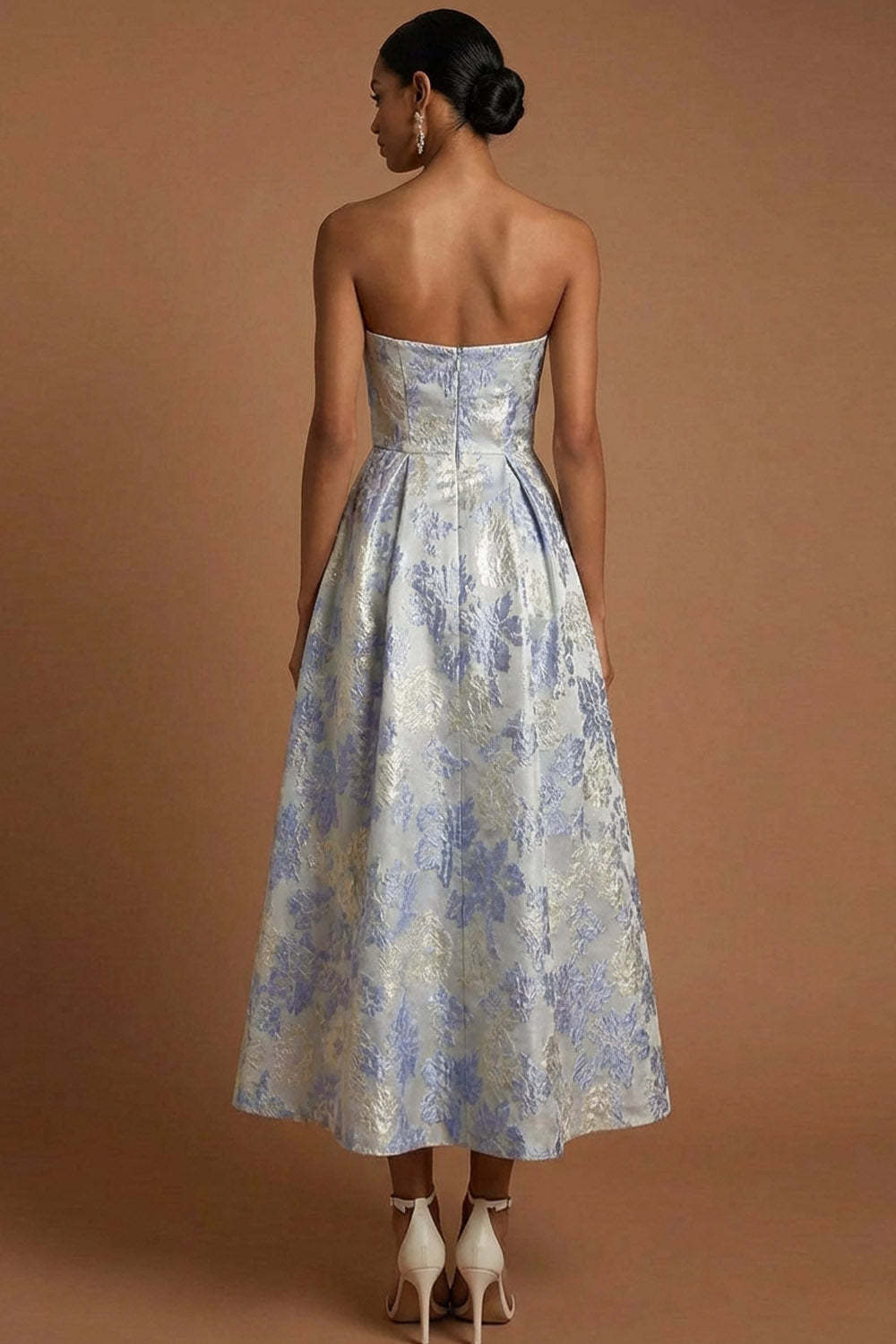 Dusty Blue Jacquard Floral A Line Wedding Guest Dress