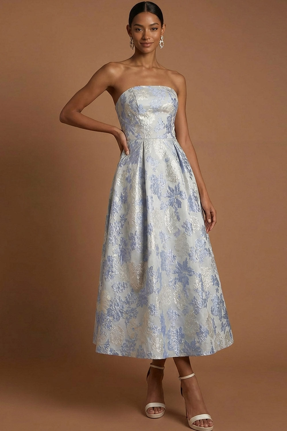 Dusty Blue Jacquard Floral A Line Wedding Guest Dress