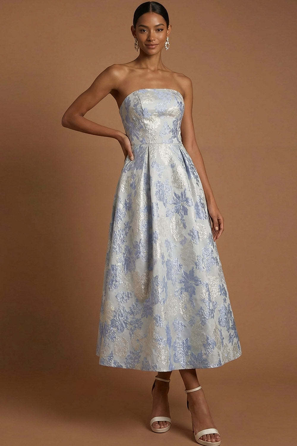 Dusty Blue Jacquard Floral A Line Wedding Guest Dress