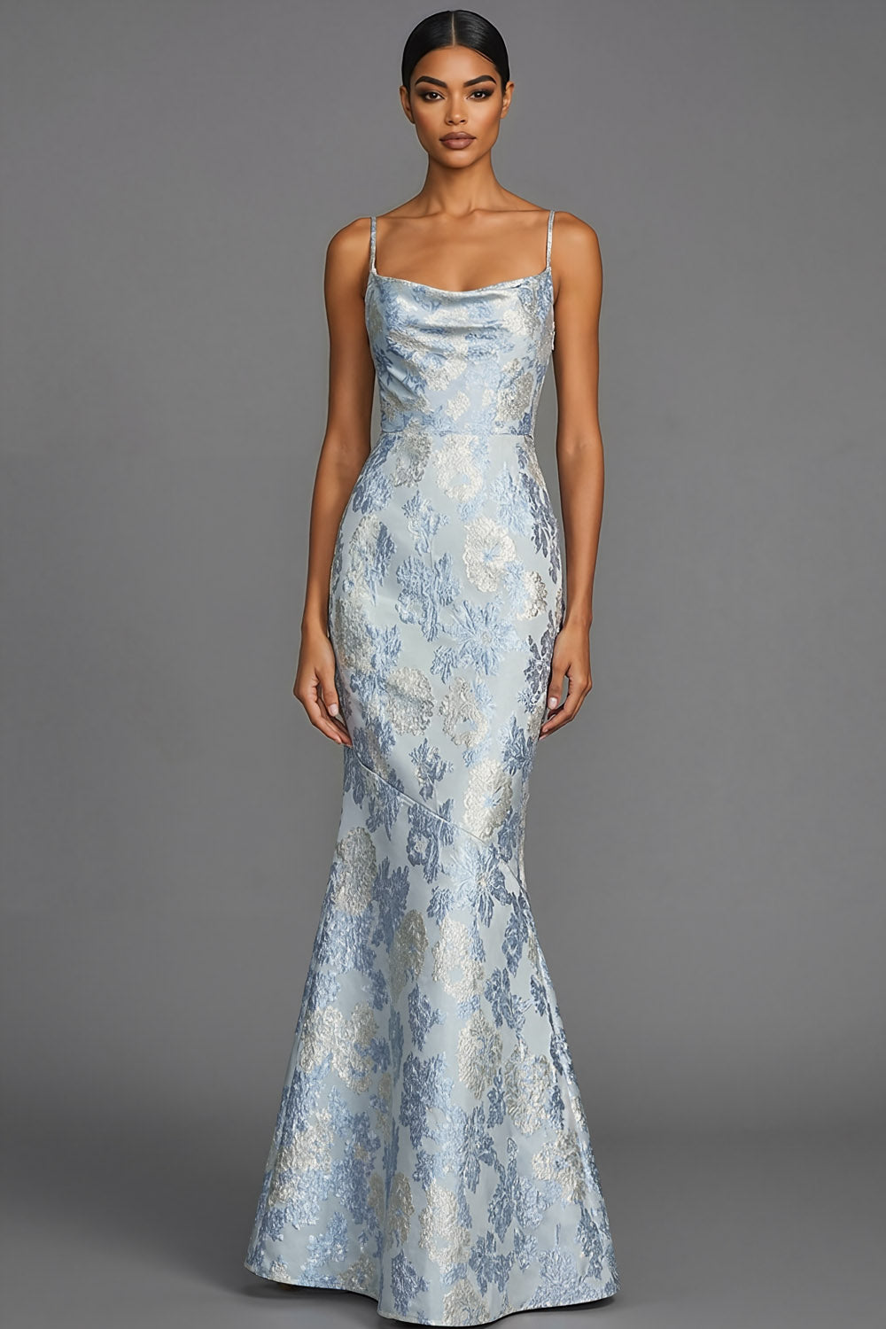 Leely Women Mermaid Dusty Blue Floral Wedding Guest Dress Jacquard Spaghetti Straps Evening Dress