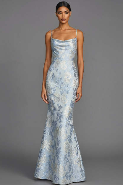 Leely Women Mermaid Dusty Blue Floral Wedding Guest Dress Jacquard Spaghetti Straps Evening Dress
