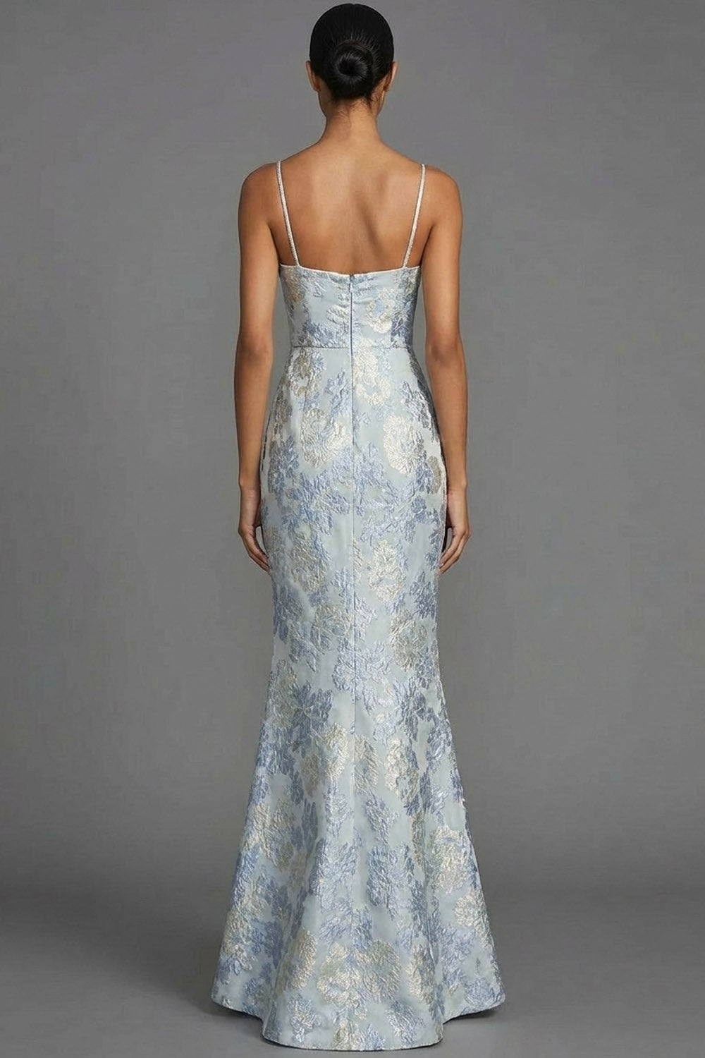 Mermaid Dusty Blue Jacquard Floral Wedding Guest Dress