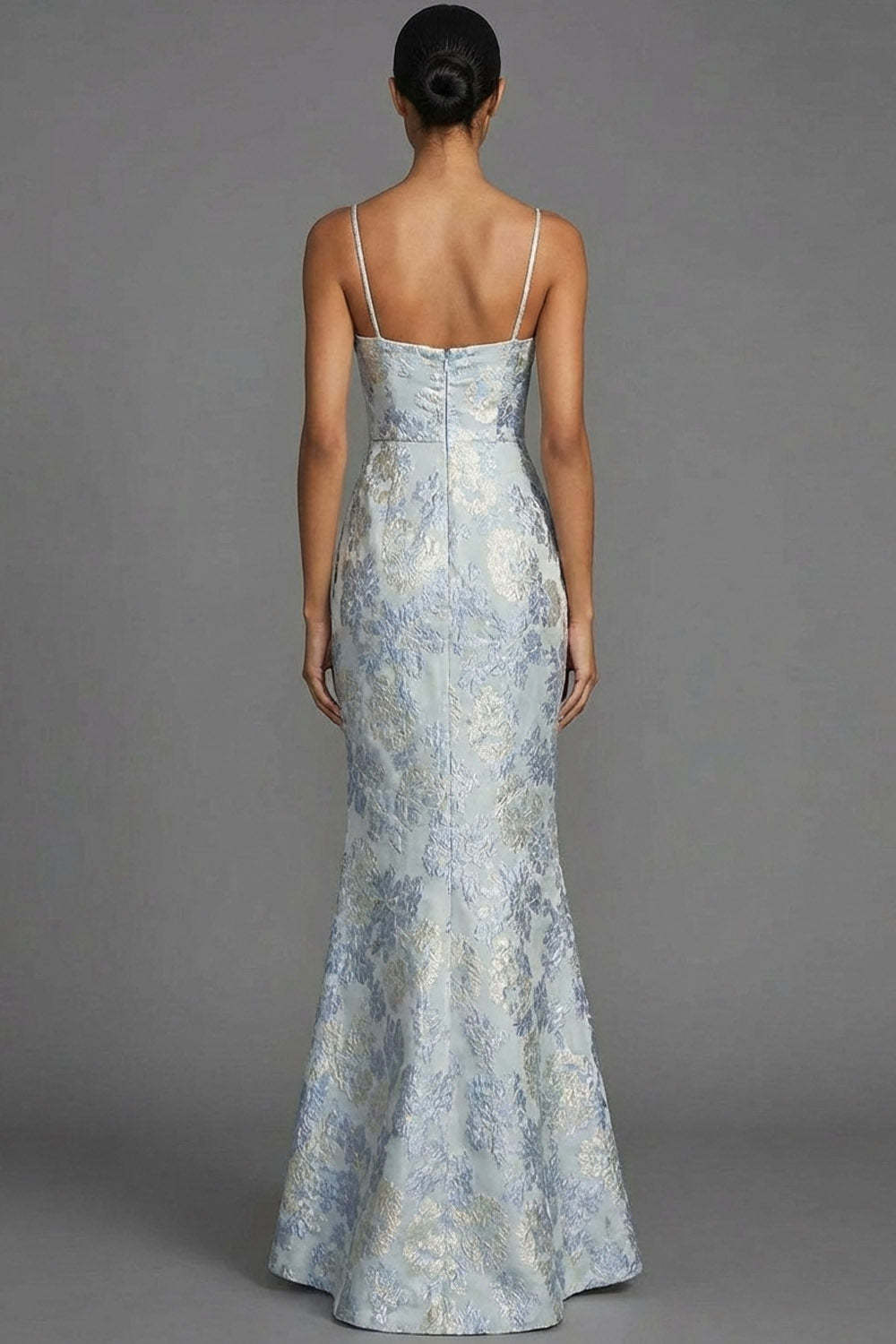Mermaid Dusty Blue Jacquard Floral Wedding Guest Dress