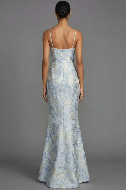 Mermaid Dusty Blue Jacquard Floral Wedding Guest Dress