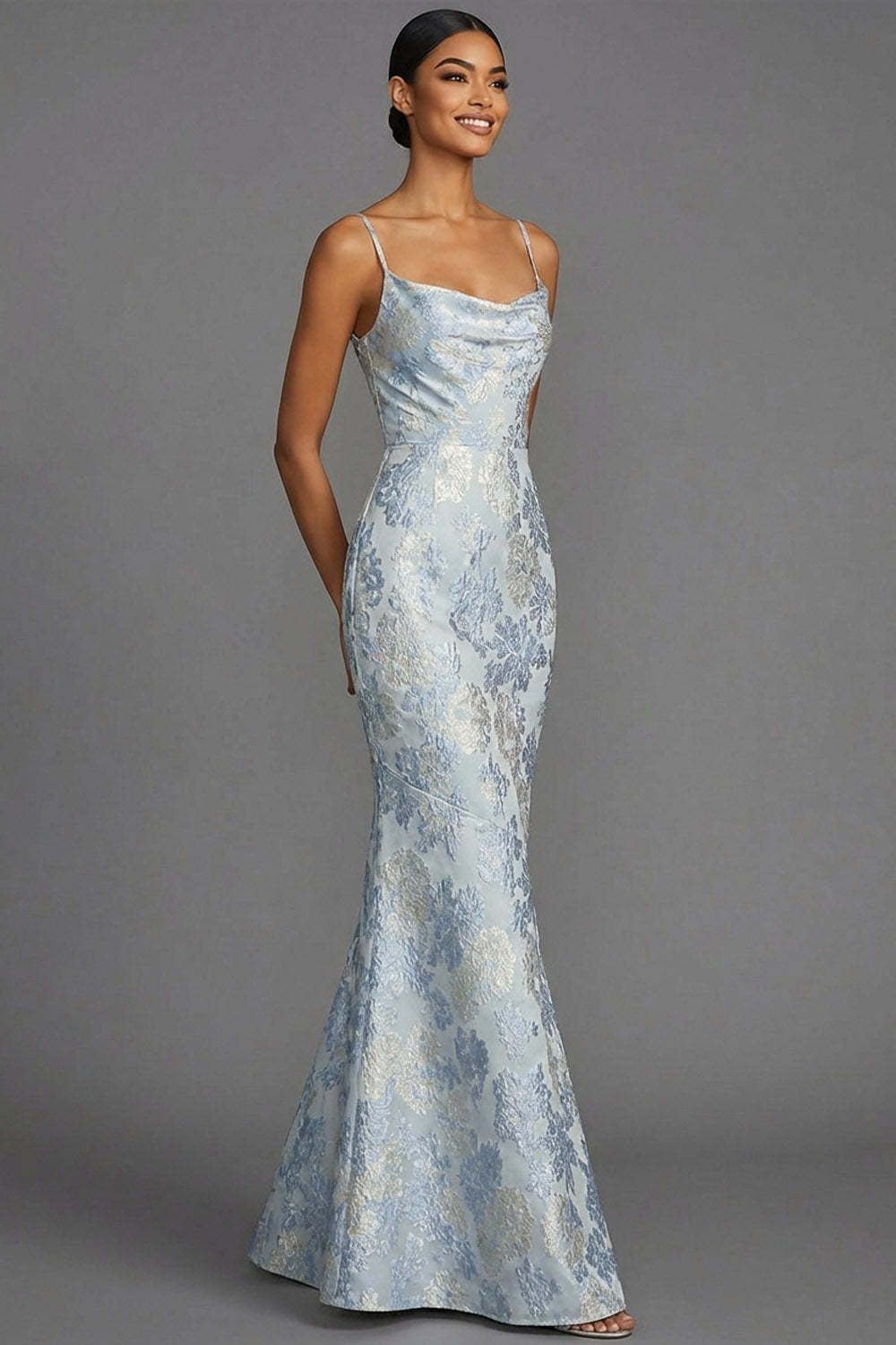 Mermaid Dusty Blue Jacquard Floral Wedding Guest Dress