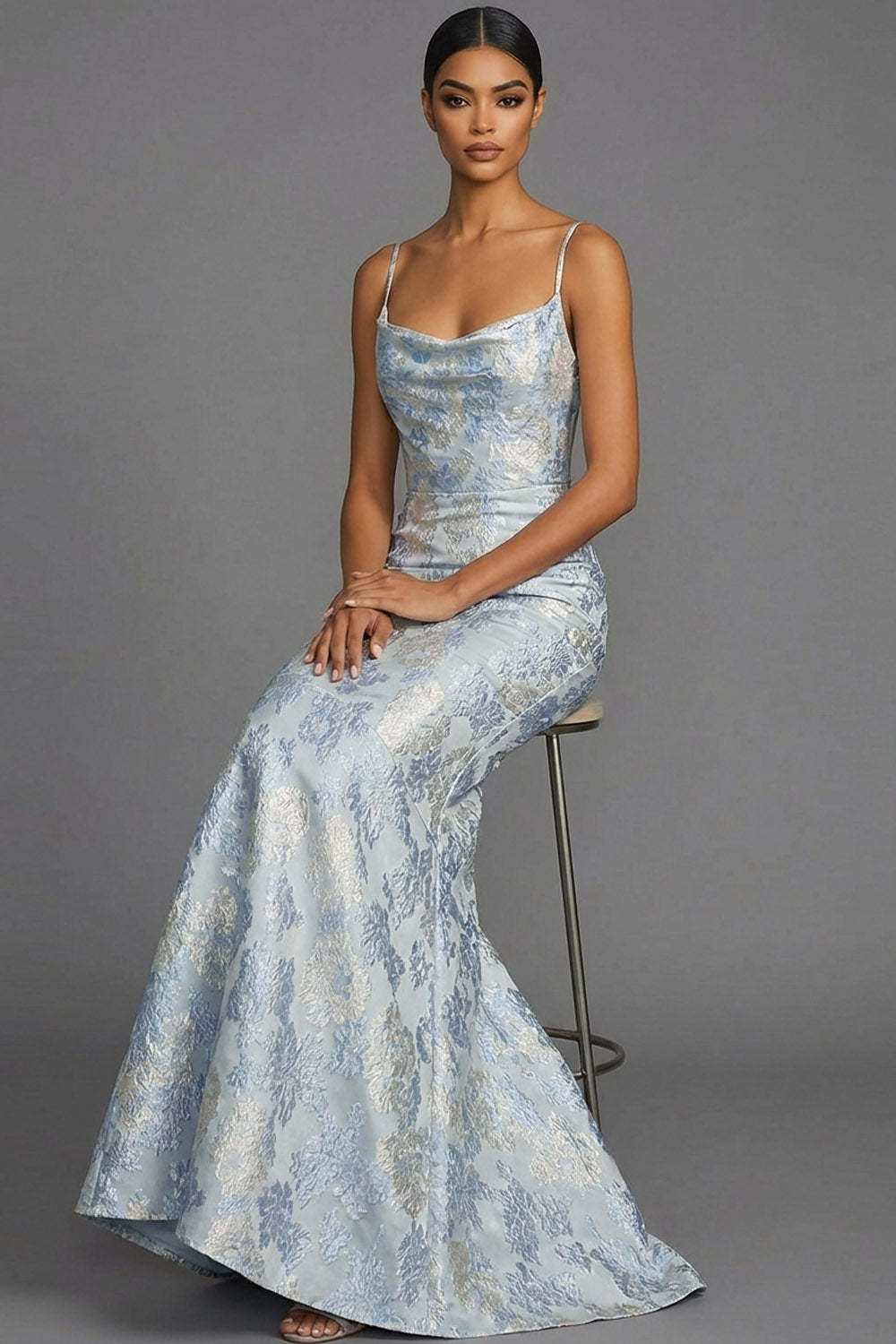Mermaid Dusty Blue Jacquard Floral Wedding Guest Dress