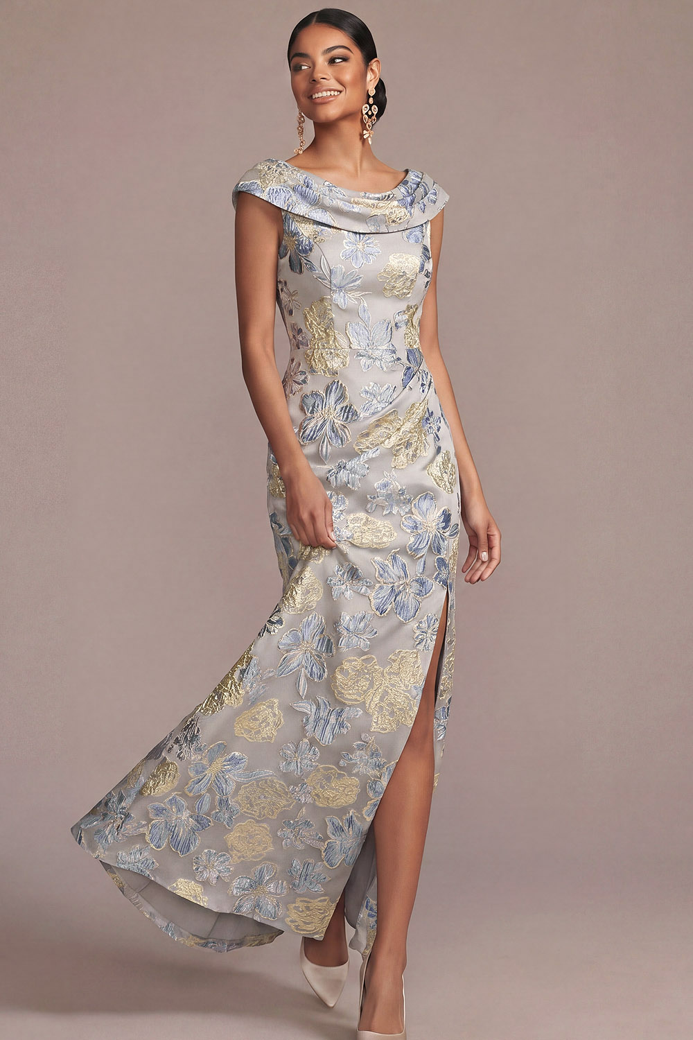 Mermaid Dusty Blue Floral Draped Wedding Guest Dress with Slit
