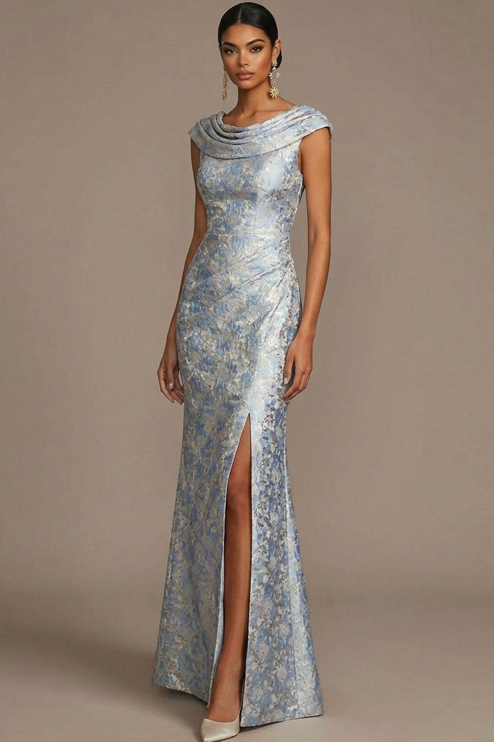 Mermaid Dusty Blue Floral Draped Wedding Guest Dress with Slit