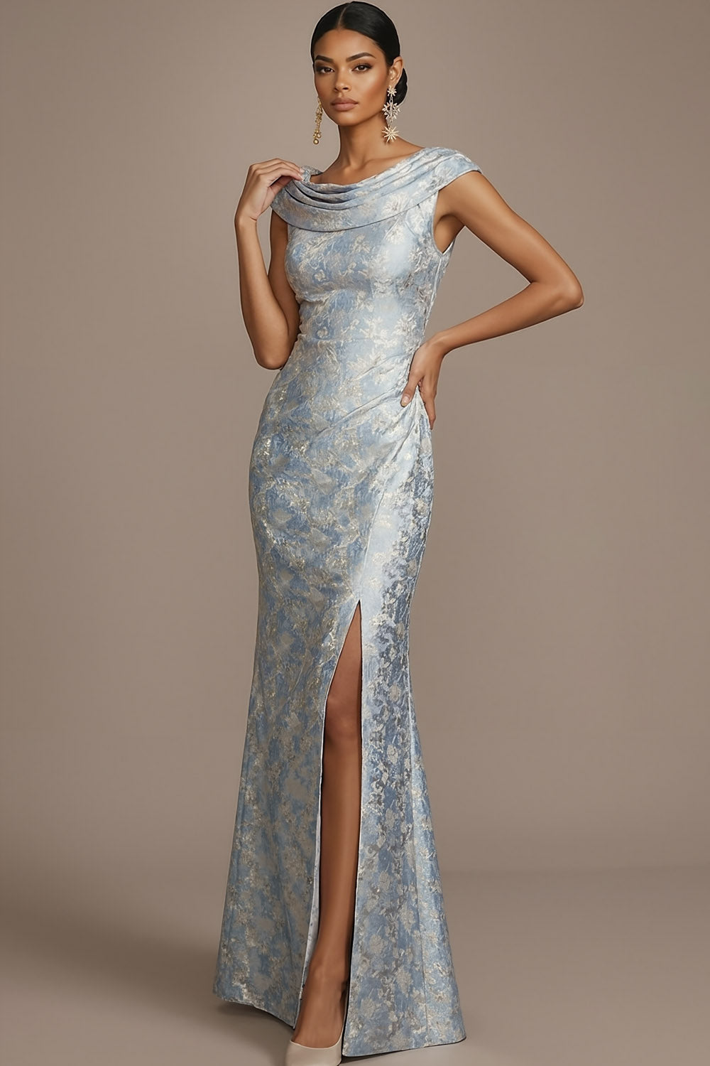 Mermaid Dusty Blue Floral Draped Wedding Guest Dress with Slit