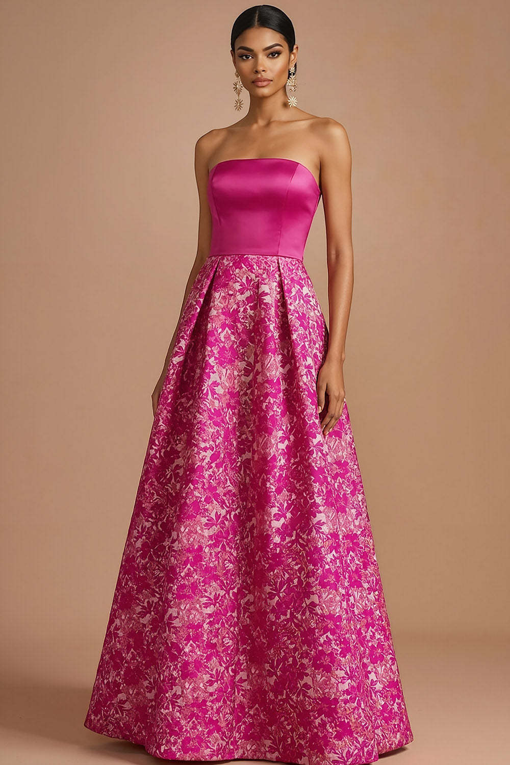 Leely Women Fuchsia Floral A Line Long Wedding Guest Dress Jacquard Backless Strapless Evening Dress