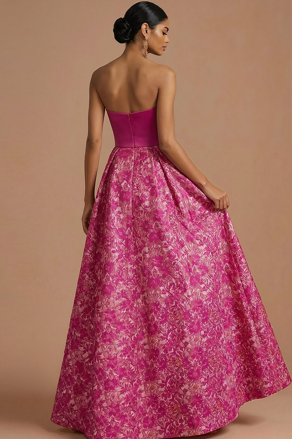 Fuchsia Floral A Line Strapless Long Wedding Guest Dress