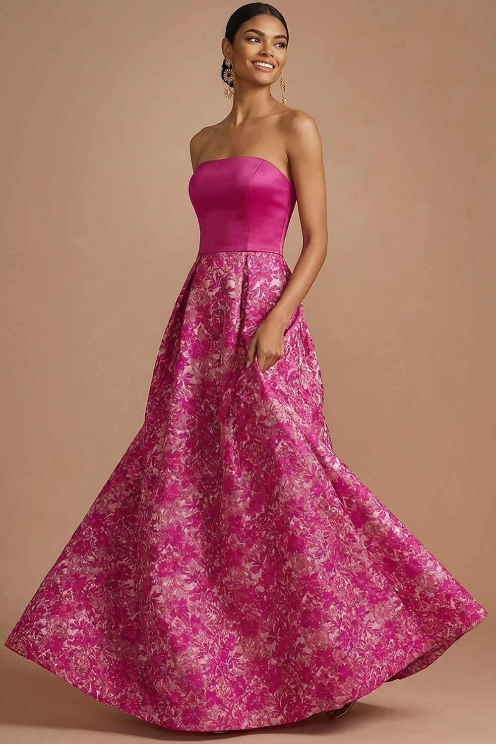 Fuchsia Floral A Line Strapless Long Wedding Guest Dress