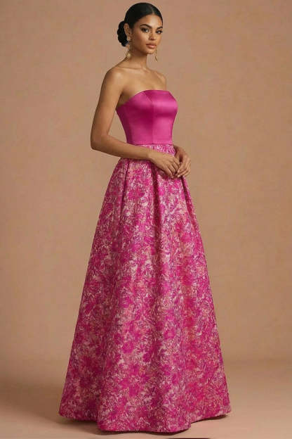 Fuchsia Floral A Line Strapless Long Wedding Guest Dress