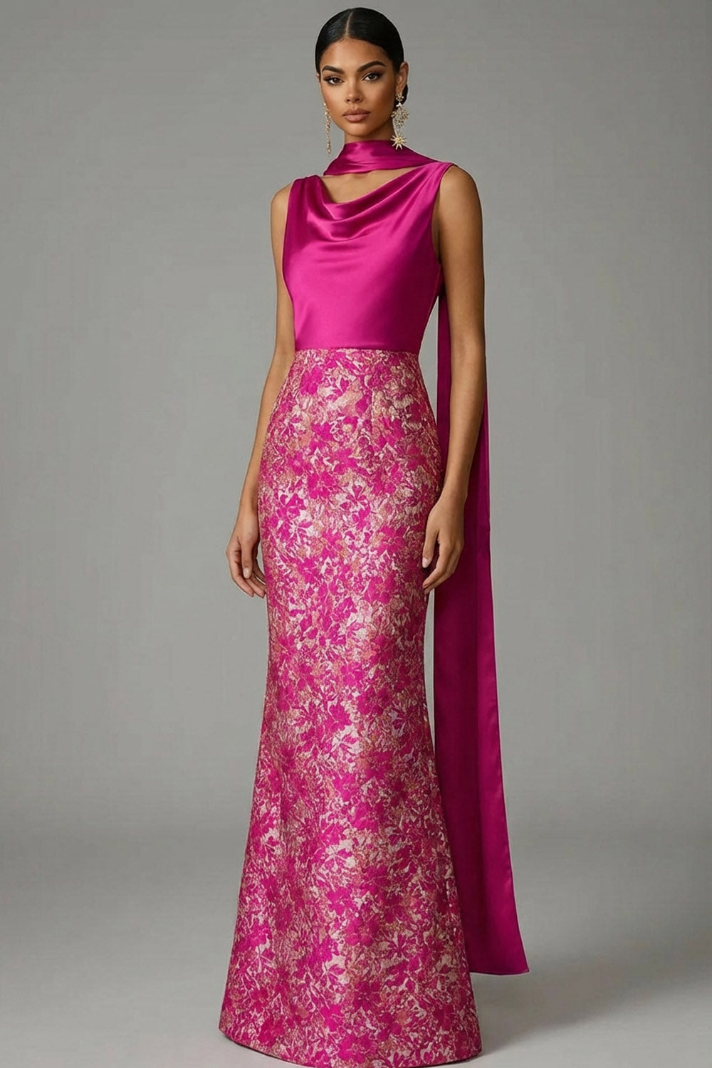 A Line Fuchsia Floral Long Formal Dress with Neck Scarf