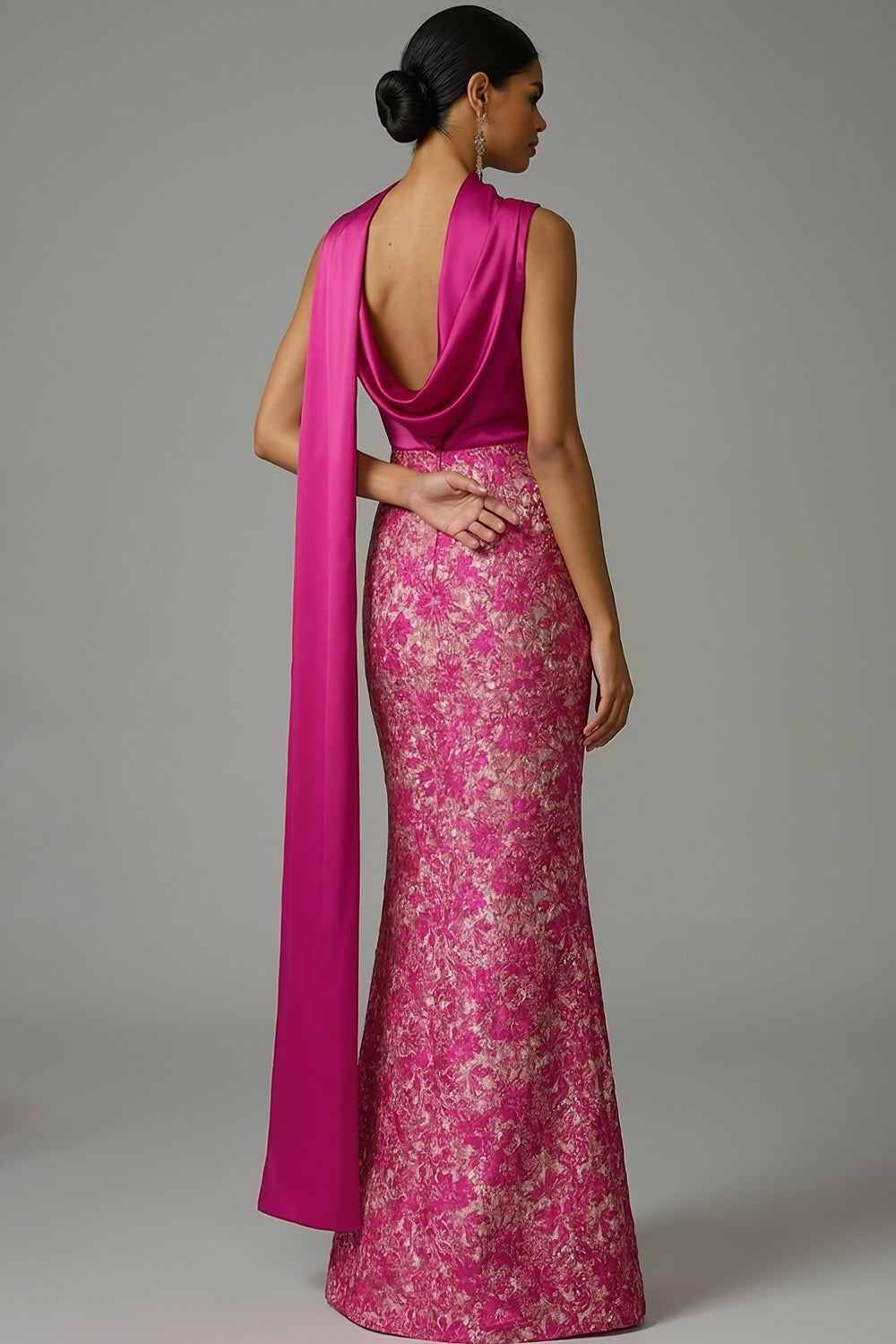 A Line Fuchsia Floral Long Formal Dress with Neck Scarf