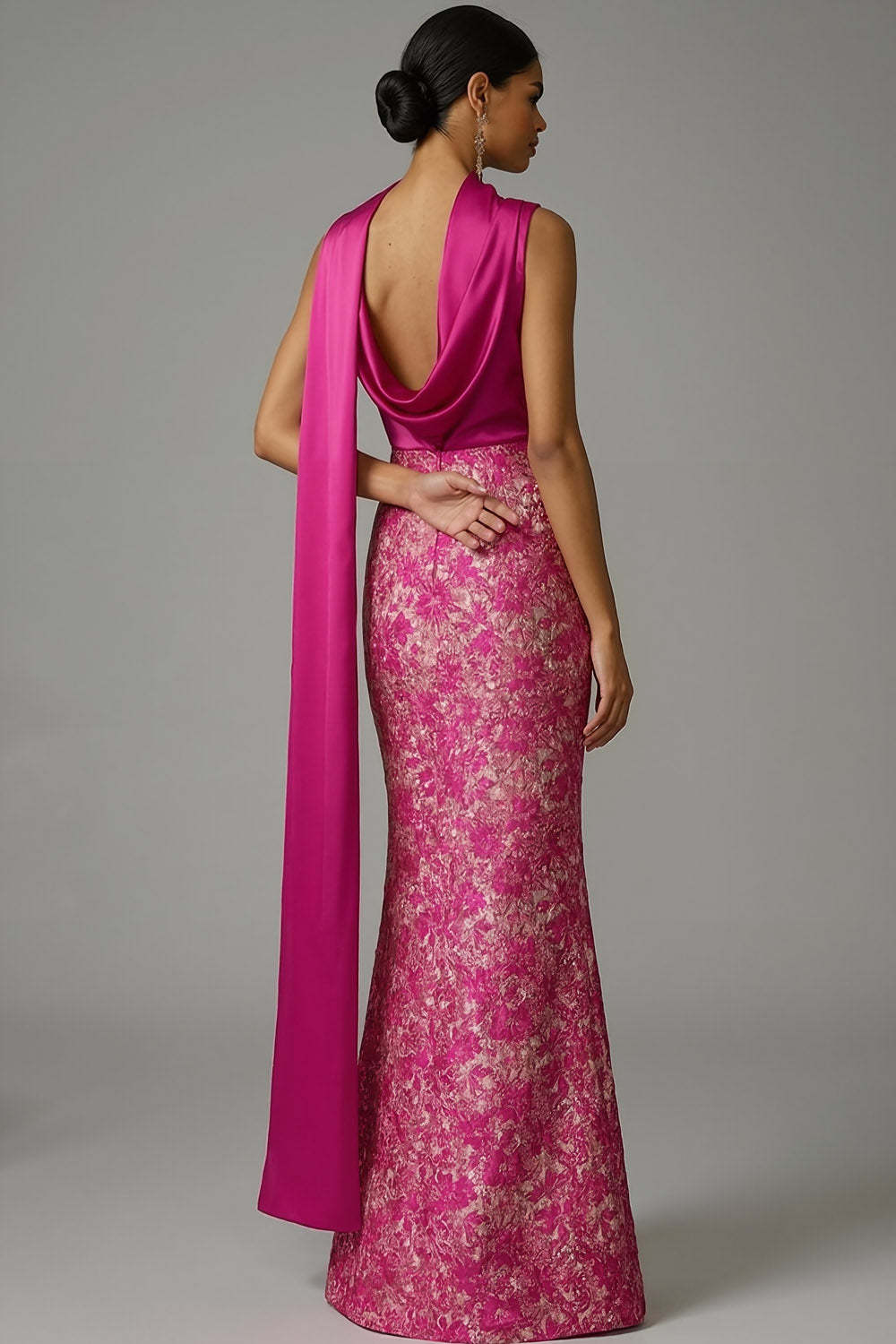 A Line Fuchsia Floral Long Formal Dress with Neck Scarf