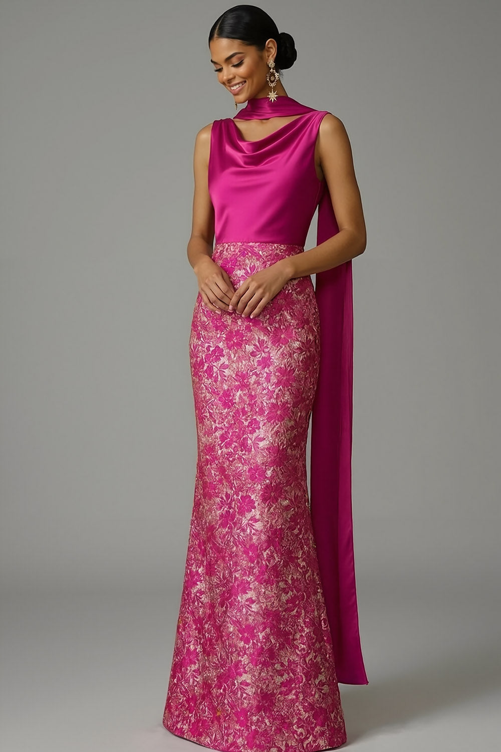A Line Fuchsia Floral Long Formal Dress with Neck Scarf