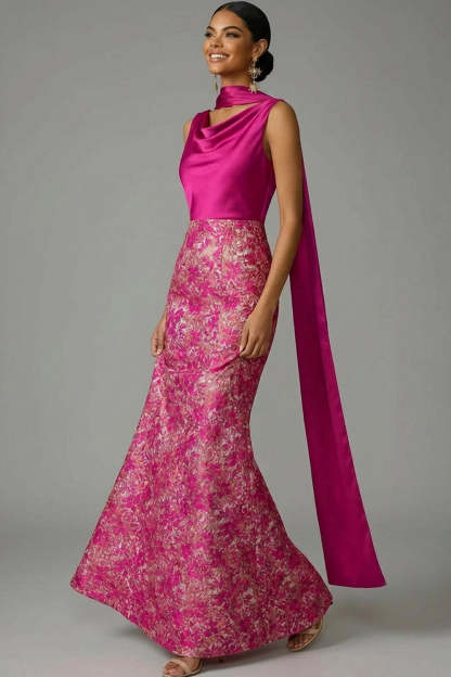 A Line Fuchsia Floral Long Formal Dress with Neck Scarf