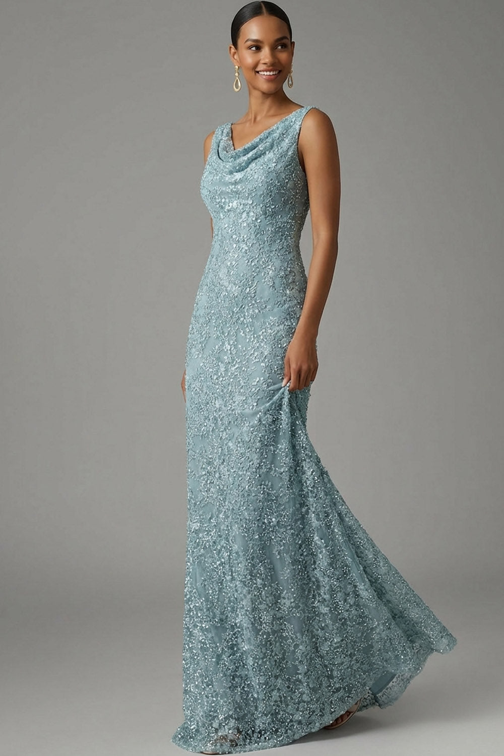 Sparkly Grey Green Beaded Mermaid Cowl Neck Gala Dress