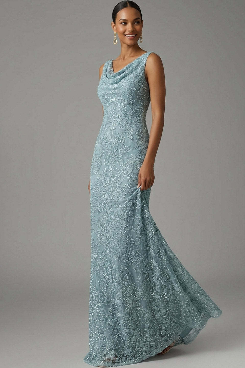 Sparkly Grey Green Beaded Mermaid Cowl Neck Gala Dress