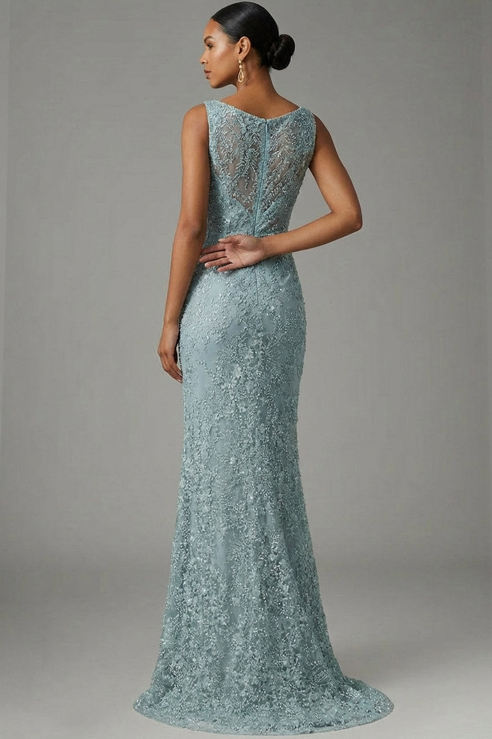 Sparkly Grey Green Beaded Mermaid Cowl Neck Gala Dress