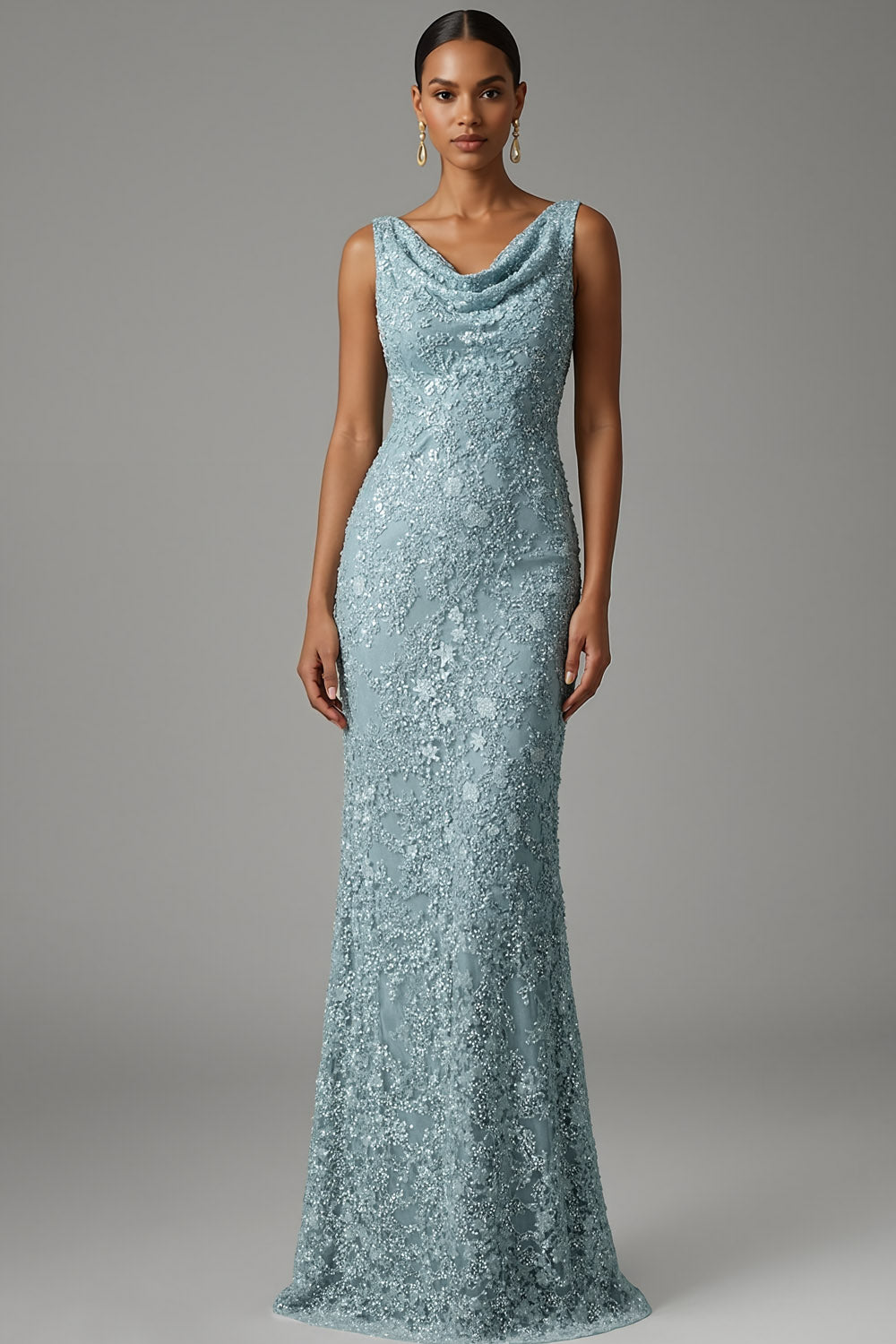 Leely Women Sparkly Grey Green Beaded Cowl Neck Gala Dress Mermaid Embroidered Formal Dress