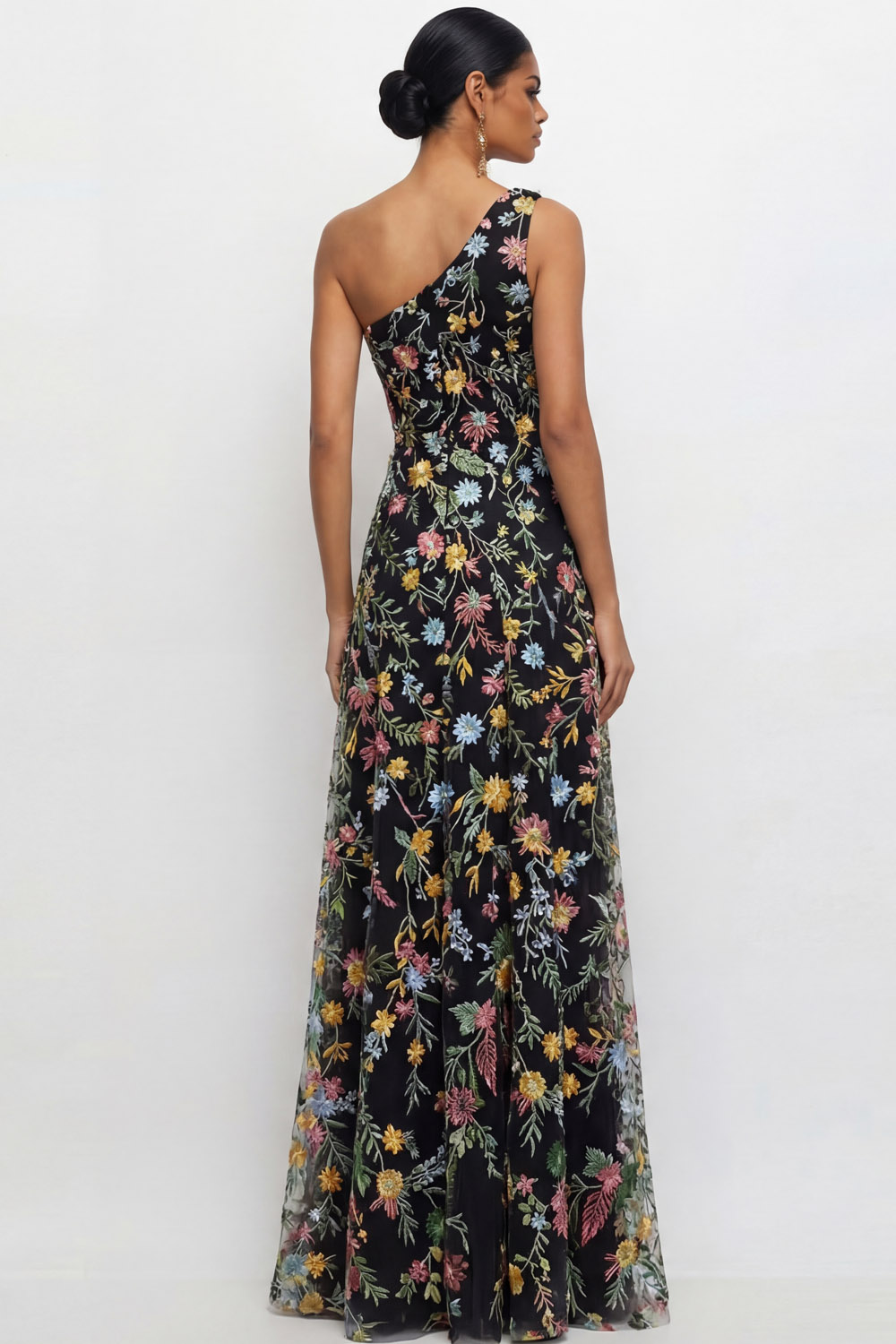 Mauve A Line Floral One Shoulder Floral Long Wedding Guest Dress with Slit