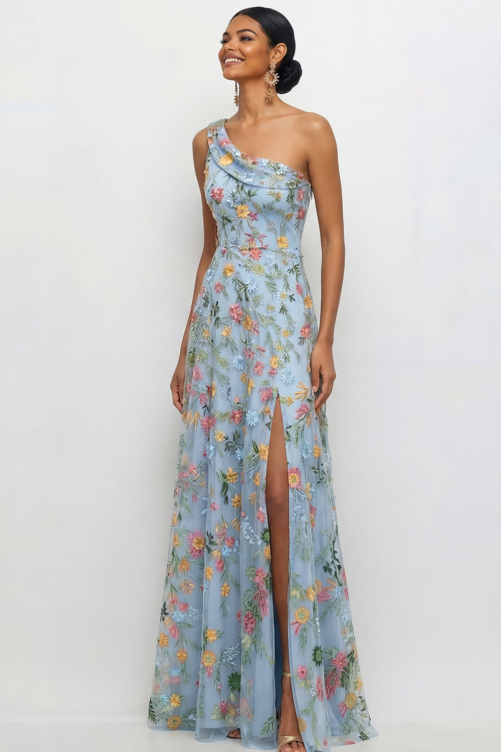 Mauve A Line Floral One Shoulder Floral Long Wedding Guest Dress with Slit