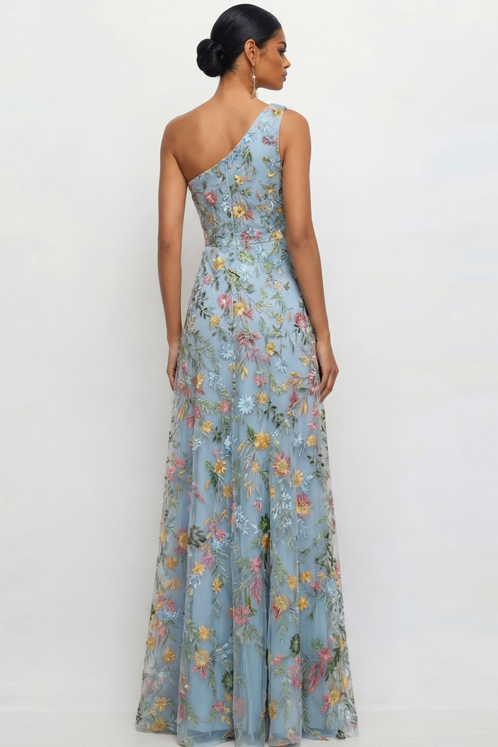 Mauve A Line Floral One Shoulder Floral Long Wedding Guest Dress with Slit