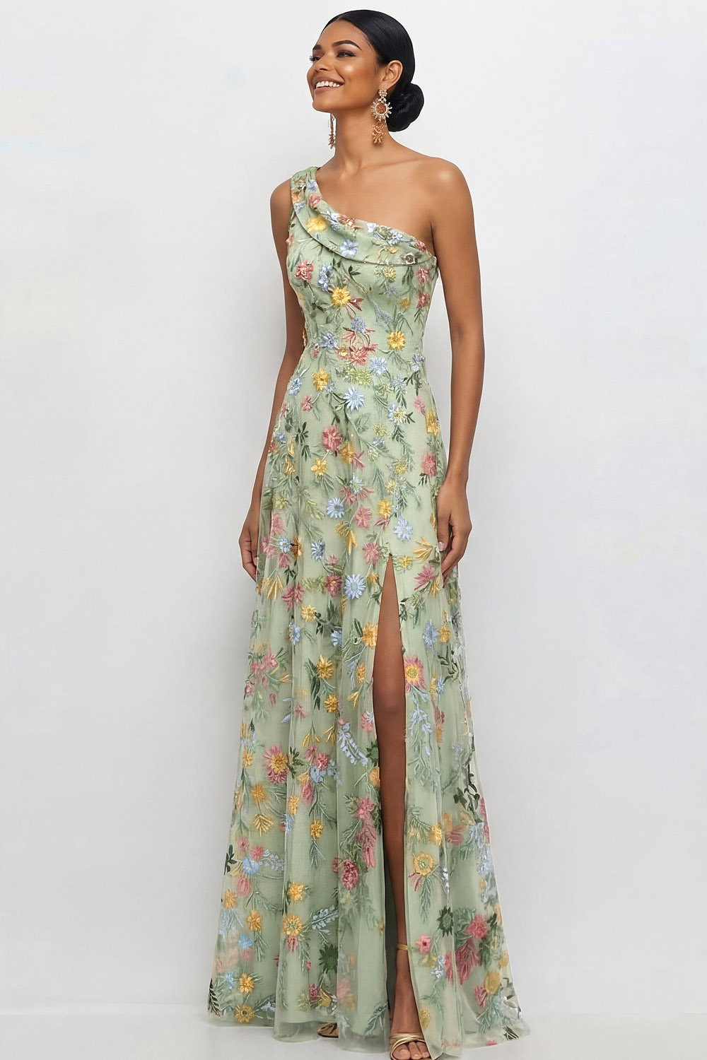 Mauve A Line Floral One Shoulder Floral Long Wedding Guest Dress with Slit